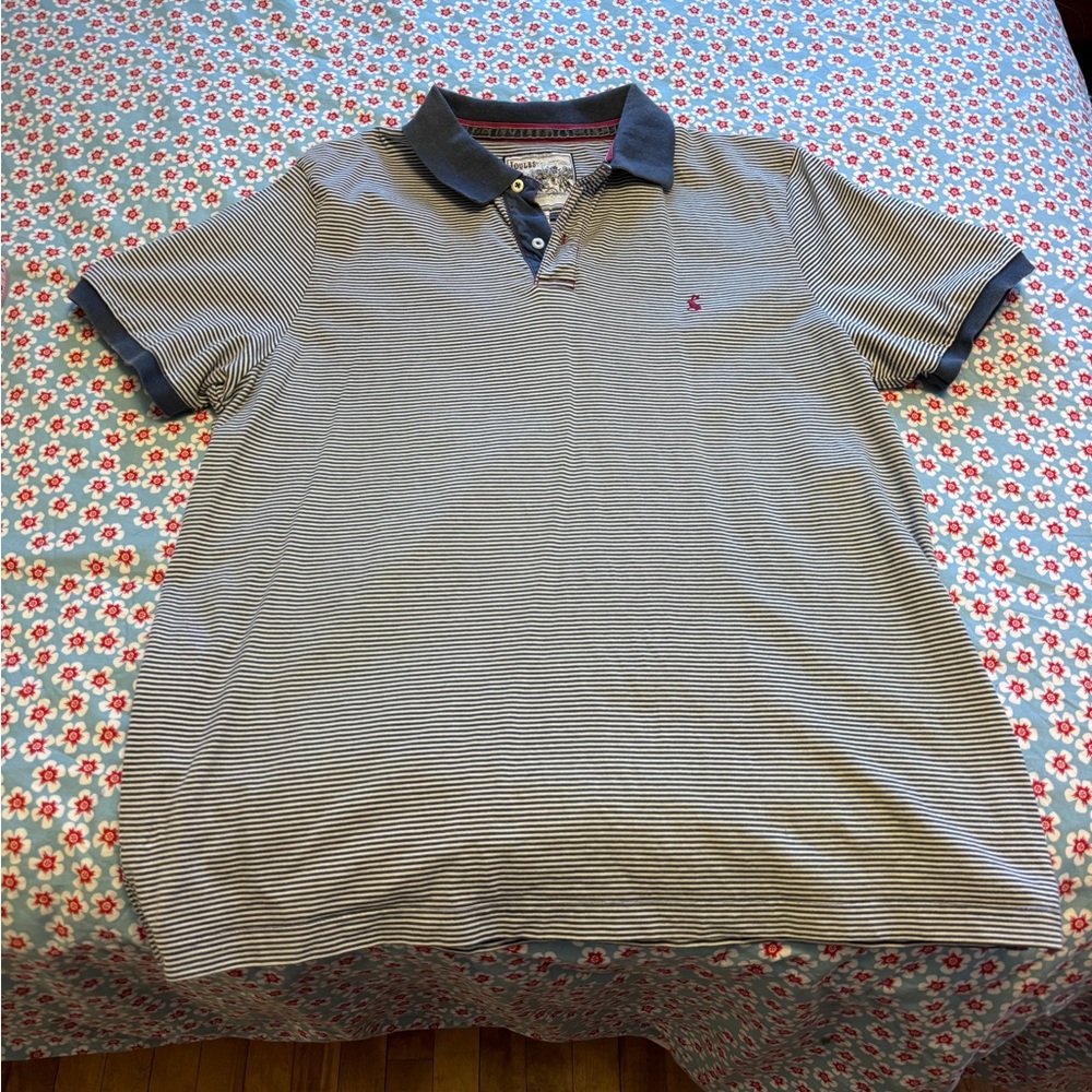 Joules Men’s 100% Cotton Striped Polo Shirt in EUC Navy and White w/Hare logo XL